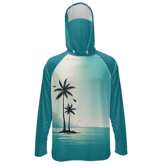 Bulopur Men’s UPF 50  Sun Protection Hoodie Shirt Teal Palm Tree Beach Long Sleeve Fishing Rash Guard with Breathable Face Mask, Quick Dry Lightweight UV Top