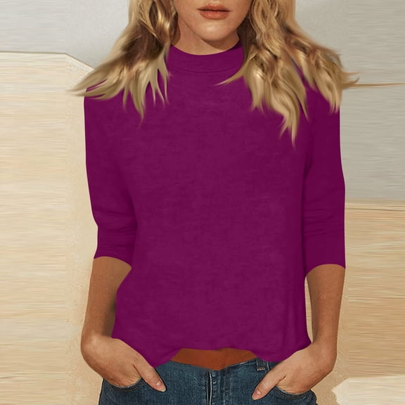Mock Neck Tops for Women Basic 3/4 Sleeve Layering Shirts Dressy Casual Loose Lightweight Turtleneck Tops Dark Purple 3XL
