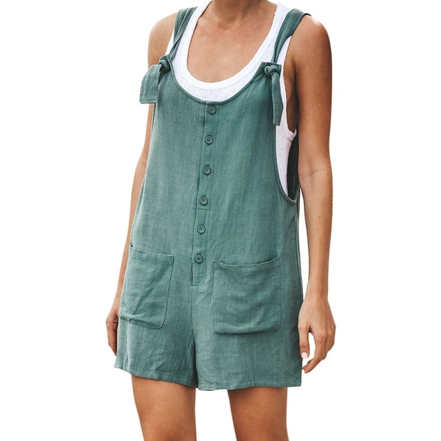 TopLLC Women's Summer Casual Rompers Sleeveless Loose Spaghetti Strap Short Jumpsuits Overalls Solid Button Bodysuit Playsuit With Pockets