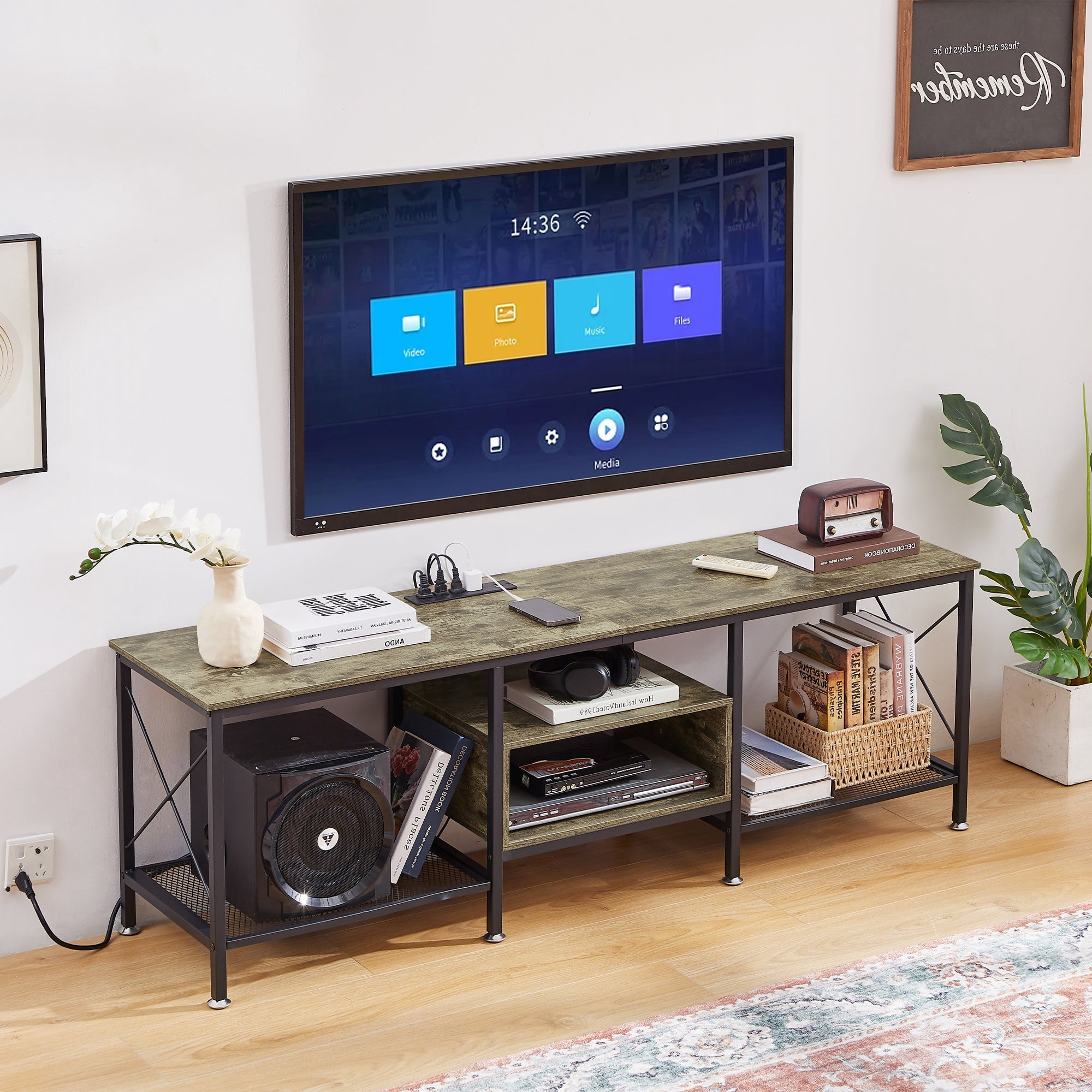 VECELO TV Stand with Power Outlets for TV up to 70 inch, Entertainment Center with USB Charging Station, Modern Industrial TV Console with Open Storage Shelves for Living Room & Bedroom, Gray