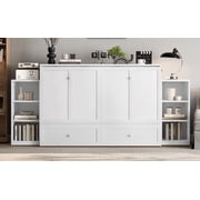 Mintazer Queen Size Murphy Bed with 6 Side Shelves & 2 Drawers, Modern Foldable Cabinet Bed for Bedroom Apartment Guest Room, White