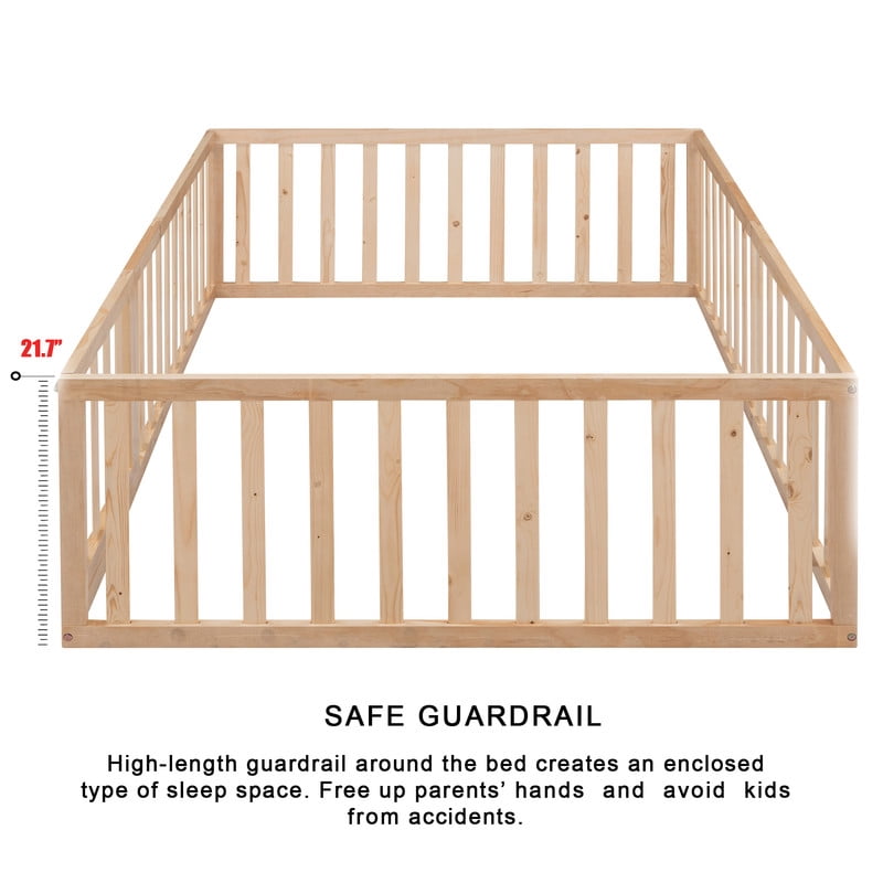Full Size Wood Floor Bed with Door & Fence, Montessori Bed Frame with Full Length Safety Guardrails, Wood Full Bed with Slats, No Box Spring Needed- Natural