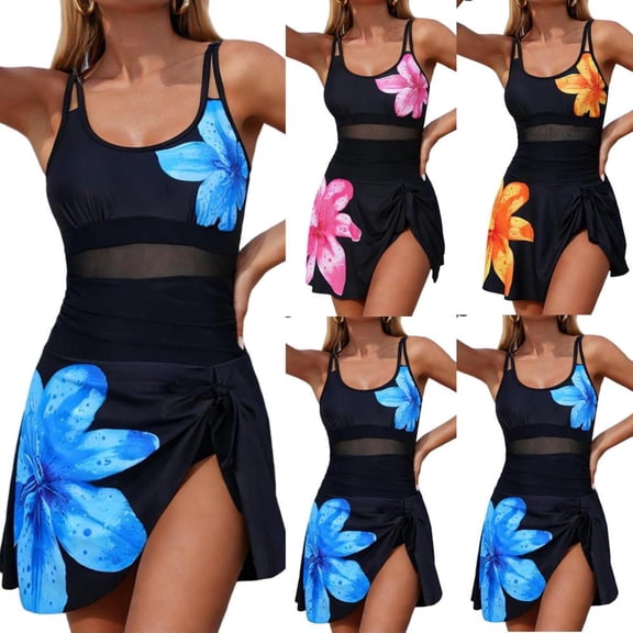 Bxsruta Plus Size Womens Sleeveless Printed Push Up Padded Swimsuit Tummy Control One Piece Swim Dress with Mesh