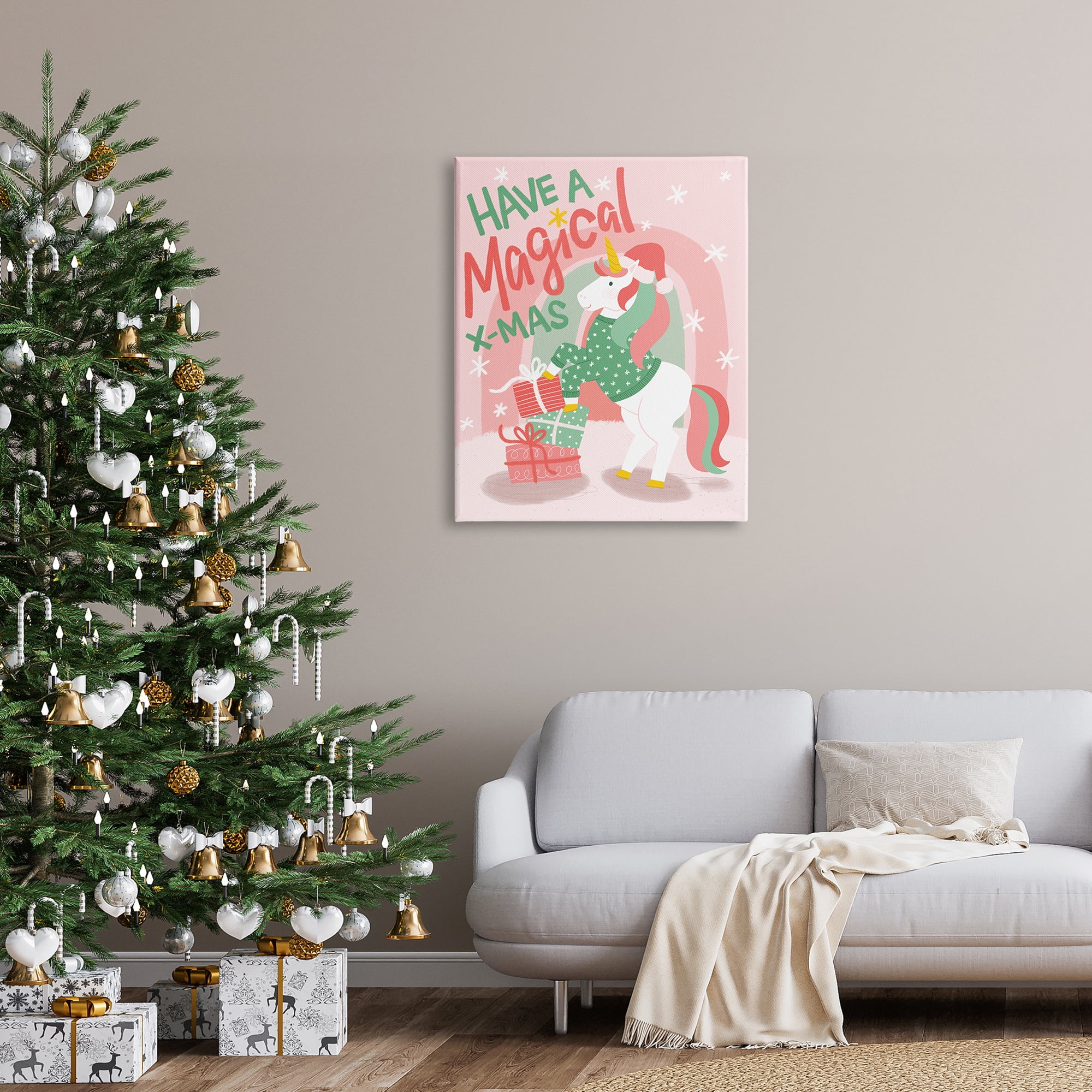 Magical X-Mas Pink Unicorn Rainbow Holiday Gifts Fairy Tales & Fantasy Graphic Art Gallery-Wrapped Canvas Print Wall Art