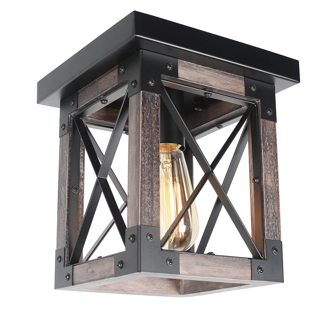 Square Wood Rustic Ceiling Light Fixture, 1-Light Black Metal Farmhouse Flush Mount Ceiling ...