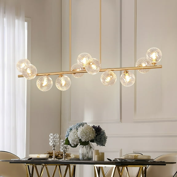 Lzawvm Dining Room Light Fixture with Swirled Glass Globe Linear Chandelier for Dining Room 11-Lights Pendant Lights Kitchen Island for Living Room Sputnik Gold 51inch