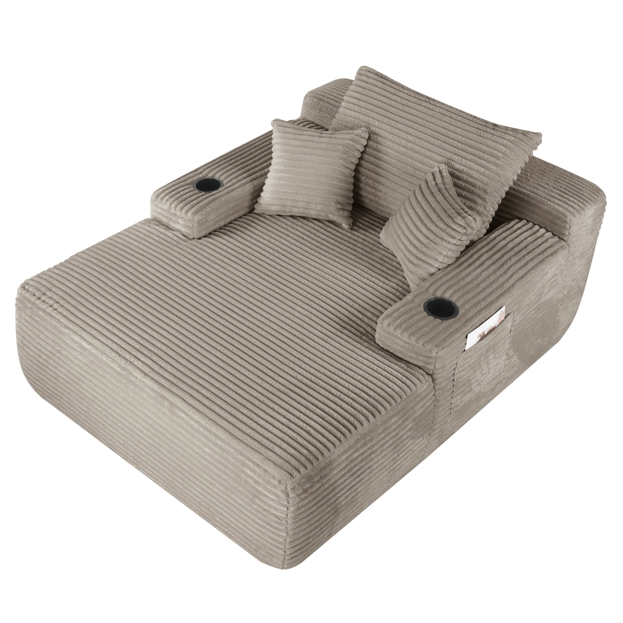 Leumius Boneless Couch, Lounge Chair corduroy with Wide Armrest & Throw Pillows, Cozy Boneless Sleeper Sofa Bed Armchair with Cup Holder for Living Room, Bedroom, No Assembly Required,Coffee