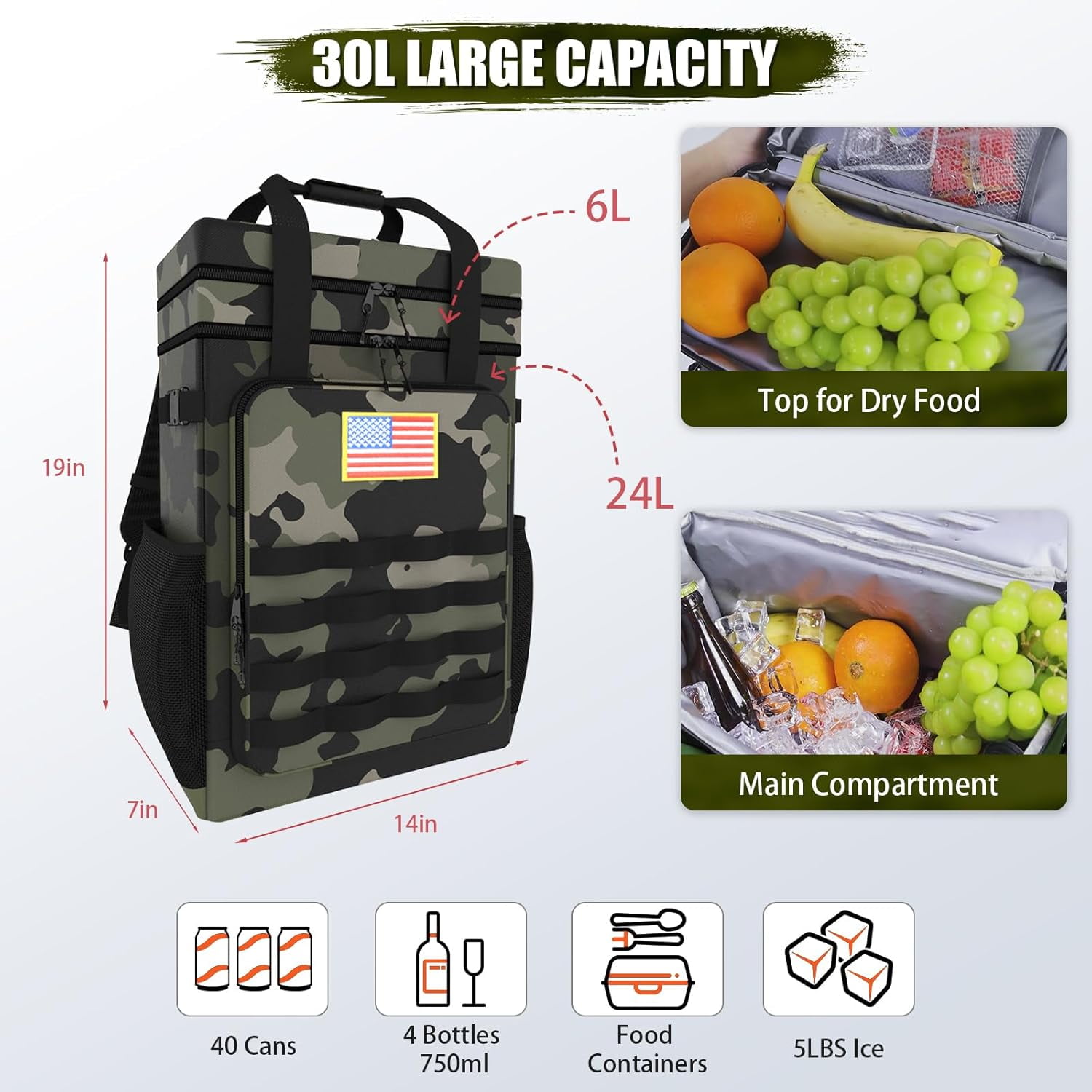 IC ICLOVER Tactical Backpack Cooler 40 Cans Double Deck Waterproof Leakproof Insulated Lunch Box Bag, Camouflage