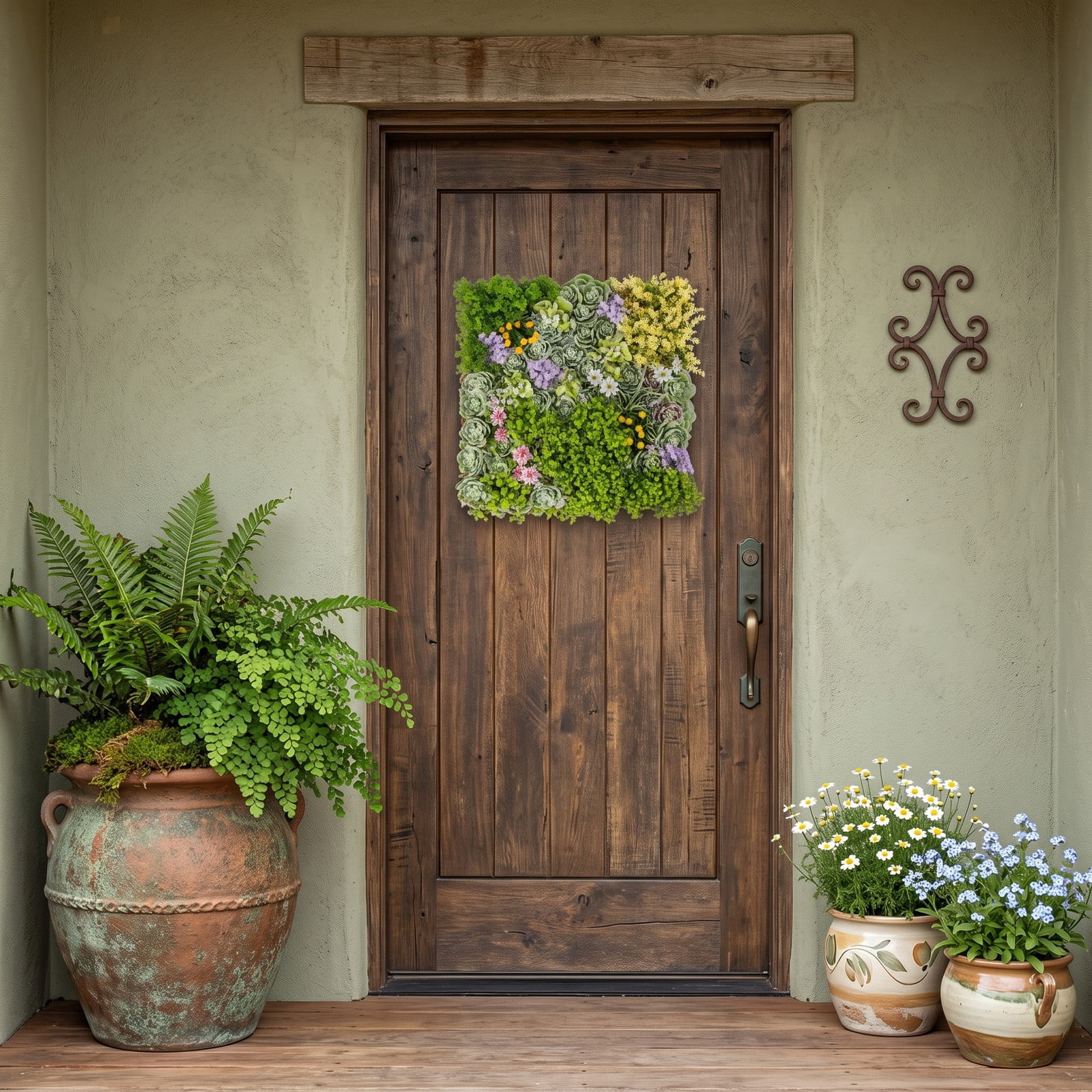 ALPULON 20 x 20 3D Artificial Greenery Panel, Hanging Succulents Faux Plant Wall with 10 Types of Mixed Greenery for Balcony Home Office Indoor, Green and Brown