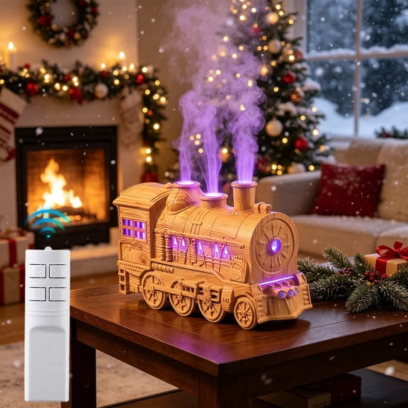 Christmas Train Diffuser, Retro Train Humidifier, 300ml Steam Essential Oil Diffuser with Flashing Lights, Mist Modes, Remote Control, Auto Shut-Off