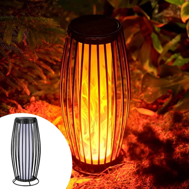 Solar Floor Lamp Outdoor - Waterproof Rattan Design with Flickering Flame Effect - Auto On/Off Solar Light for Patio, Garden, Porch & Yard Decor