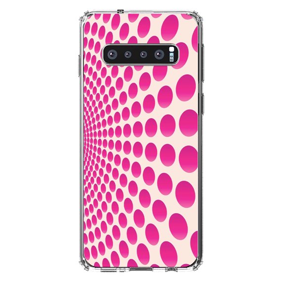 DistinctInk Clear Shockproof Hybrid Case for Samsung Galaxy S10+ PLUS(6.4" Screen) - TPU Bumper, Acrylic Back, Tempered Glass Screen Protector - Hot Pink Polka Dots Swirl
