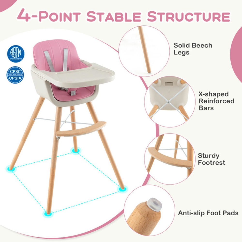 Yardi Yard 3-in-1 Convertible Wooden High Chair with Cushion-Pink, Compact and Portable High Chair, Foldable High Chair, High Chair