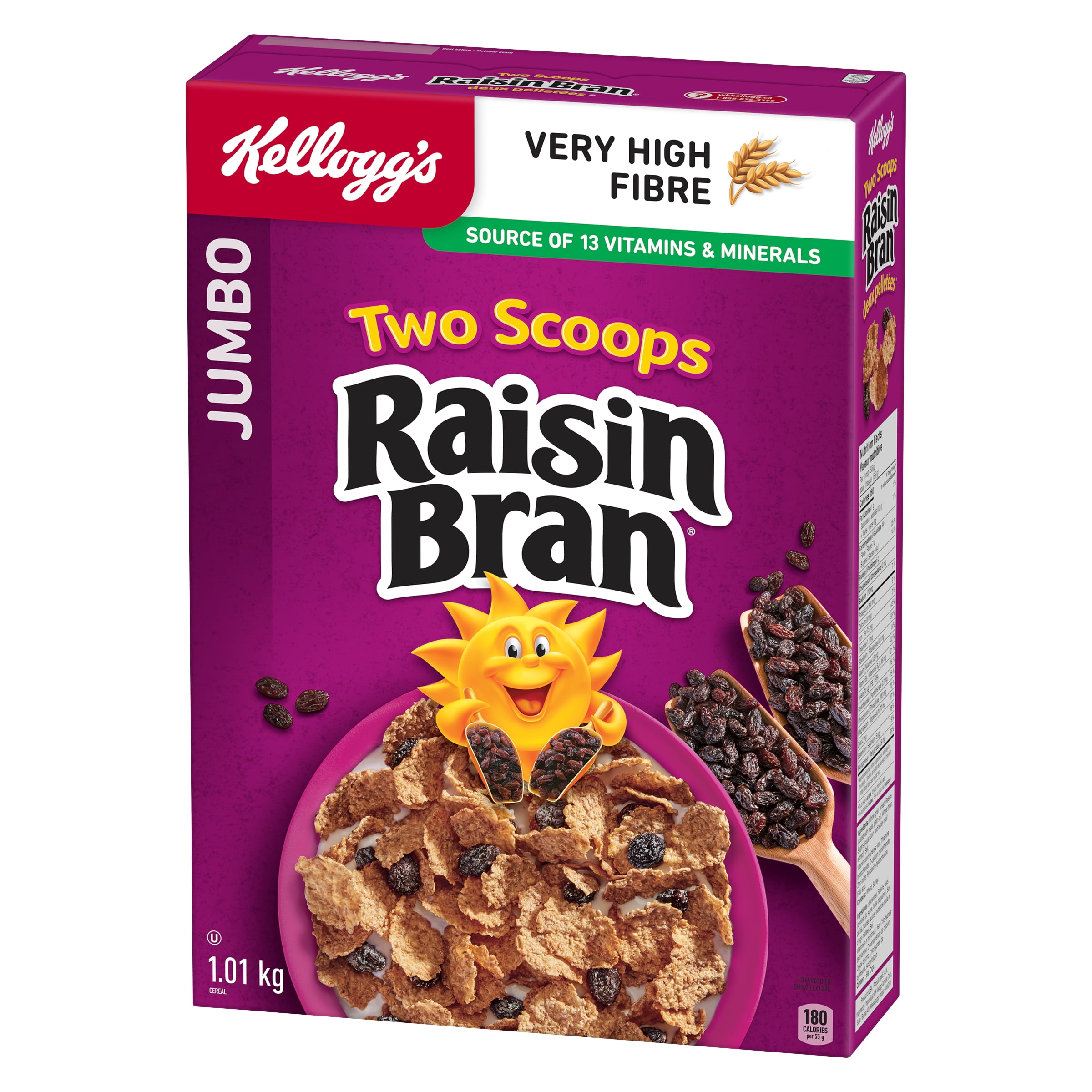 Kellogg's* Two Scoops* Raisin Bran Cereal Jumbo, 1.15 kg, Kellogg's* Two Scoops* Raisin Bran cereal is a delicious combination of crispy bran flakes & sweet sun-ripened raisins.