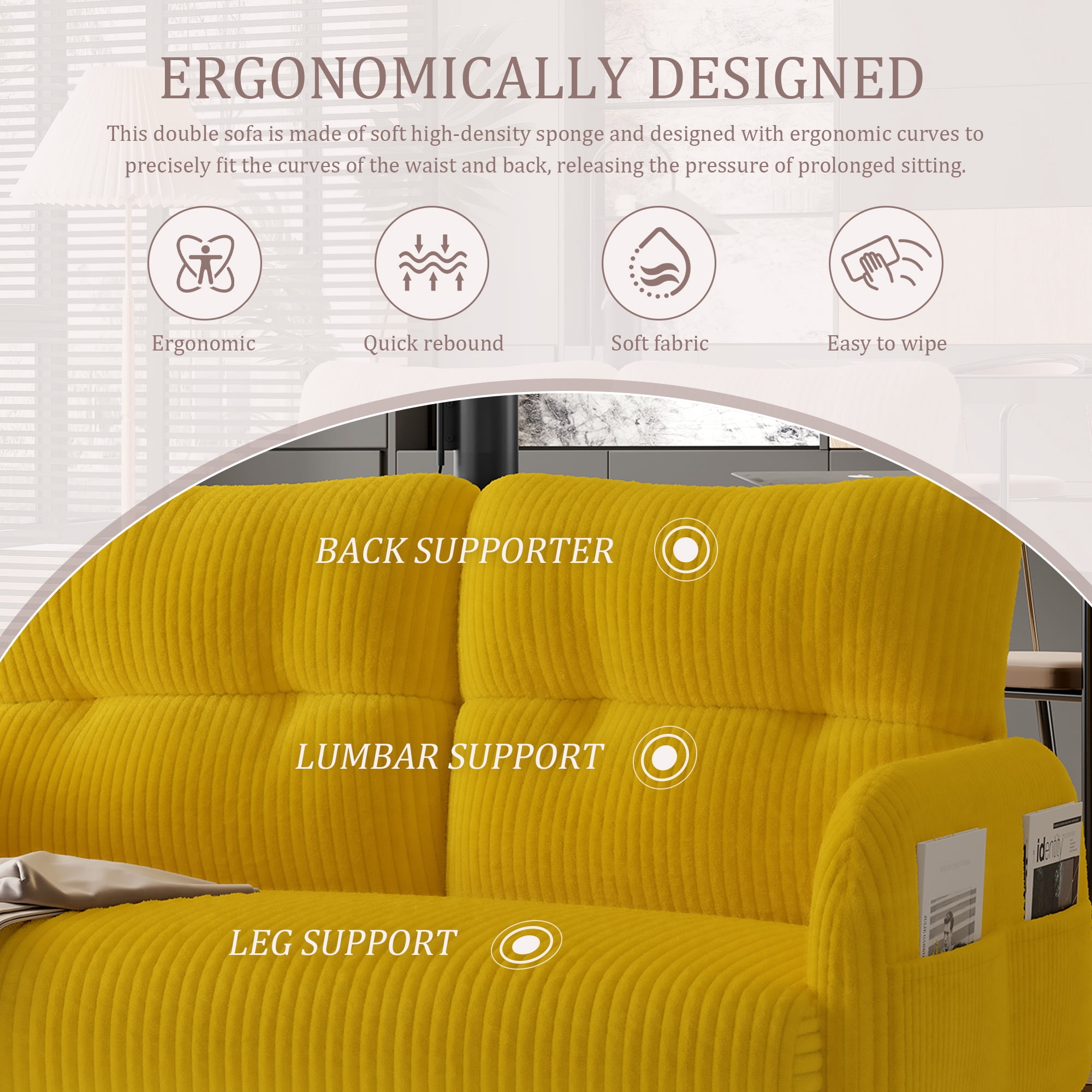 MOONMISS Corduroy Upholstered Tufted Comfortable Wood Frame Loveseats Sofa with Double Side Pocket-Yellow