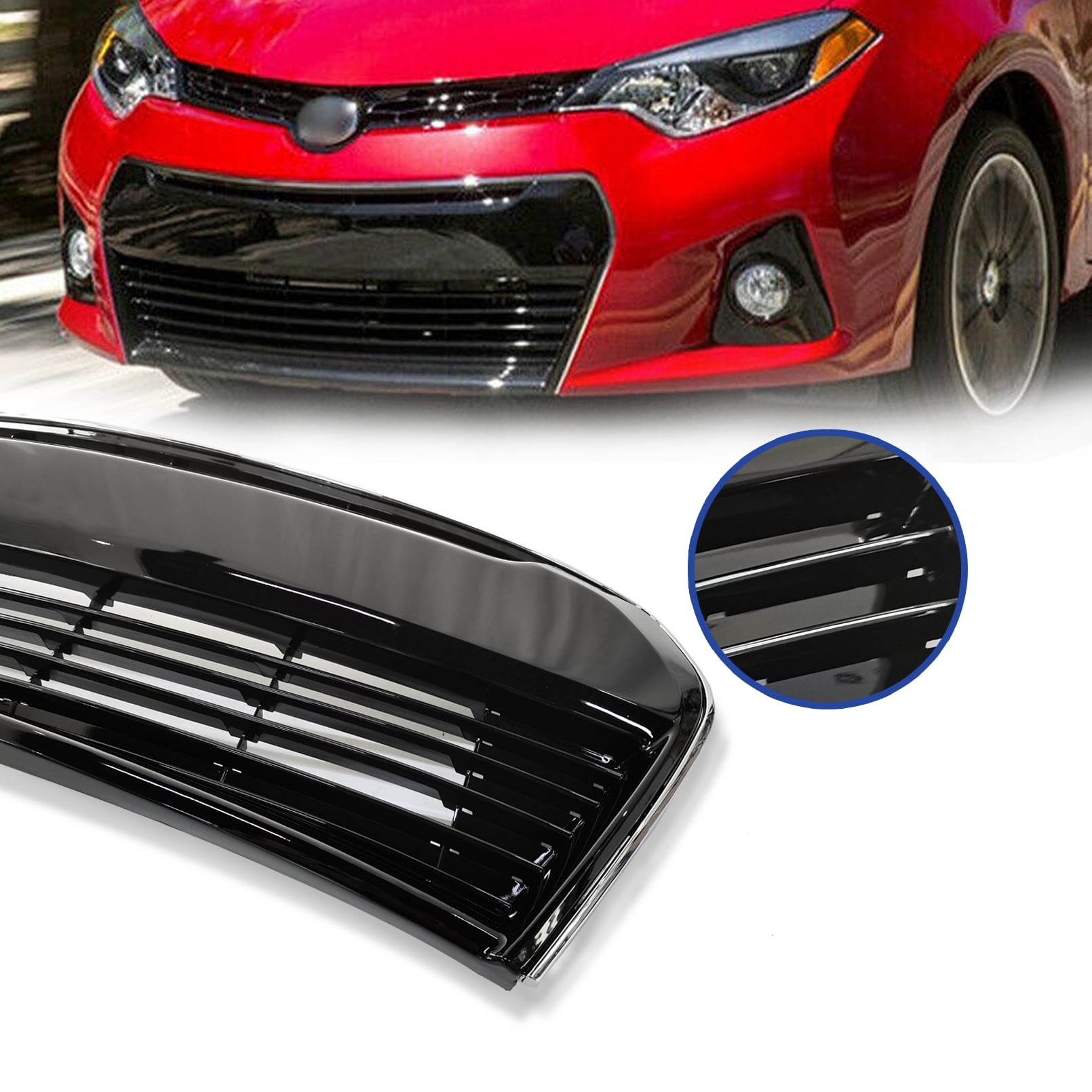 Front Bumper Grill Grille Assembly Fit For 2014 2015 2016 Toyota Corolla S, Black With Chrome Trim (Upper & Lower Grille)