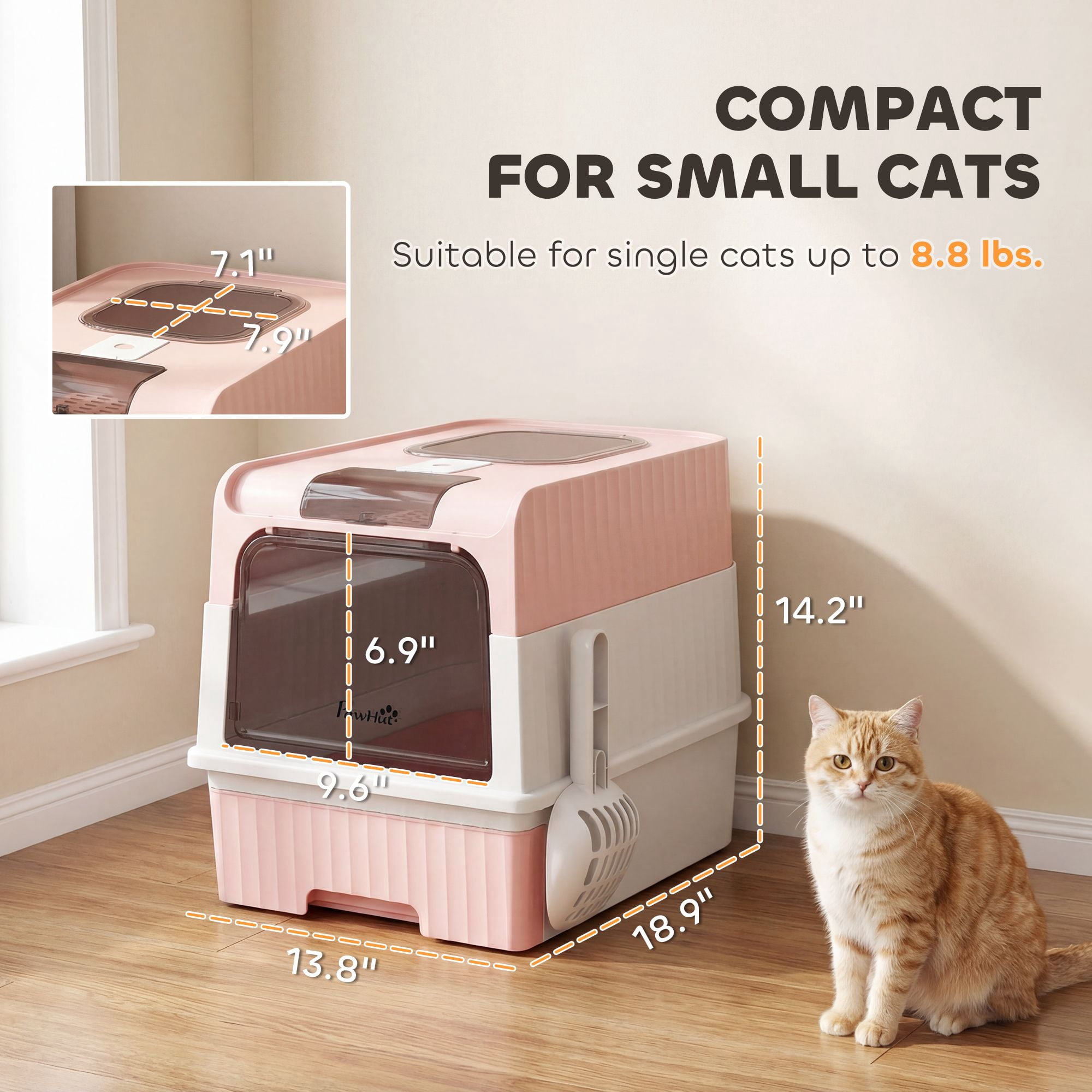 Front Entry Top Exit Enclosed Cat Litter Box with Pull Out Drawer, Litter Tracking Grate, Dual Odor Control Charcoal Slots, Includes Scoop for Cats Up to 9lbs