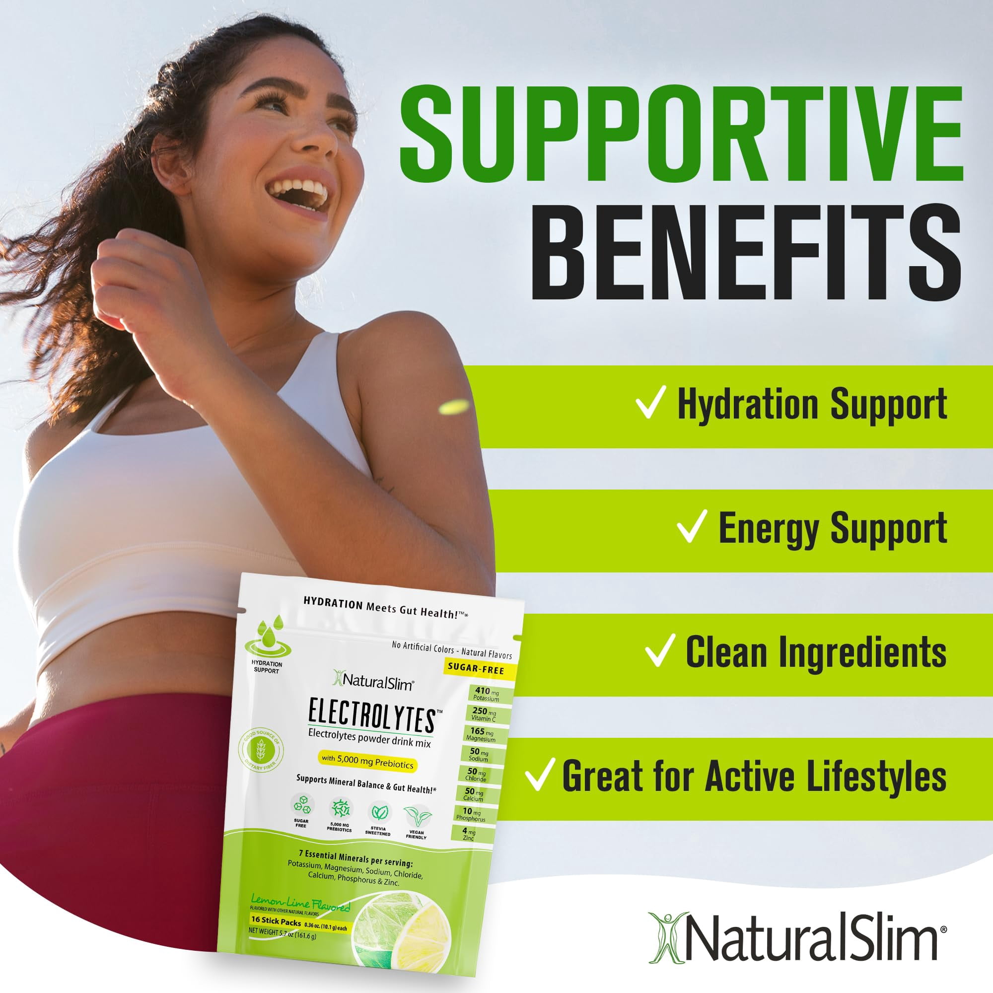 NaturalSlim Electrolytes Powder, Sugar-Free Hydration & Energy Drink Mix with Prebiotics, Lemon Lime, 16 Stick Packs (5.7 oz)