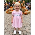 thumbnail image 5 of RUINIXCW Kids Toddler Baby Girl Halloween Dress Outfit Baby Little Girl Summer Fall Dress Ghost Embroidery Peter Pan Collar Short Sleeve Striped Dress, 5 of 9