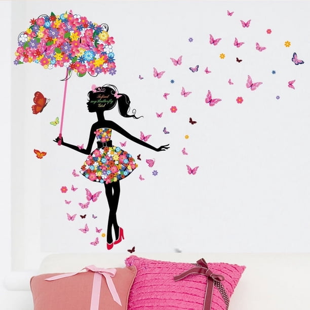 2PCS Dibujos Animados Mágicos Coloridos Mariposa Hada Niña con Alas Pegatinas de Pared Removibles, Niños Bebé Dormitorio Guardería DIY Adhesivos Decorativos