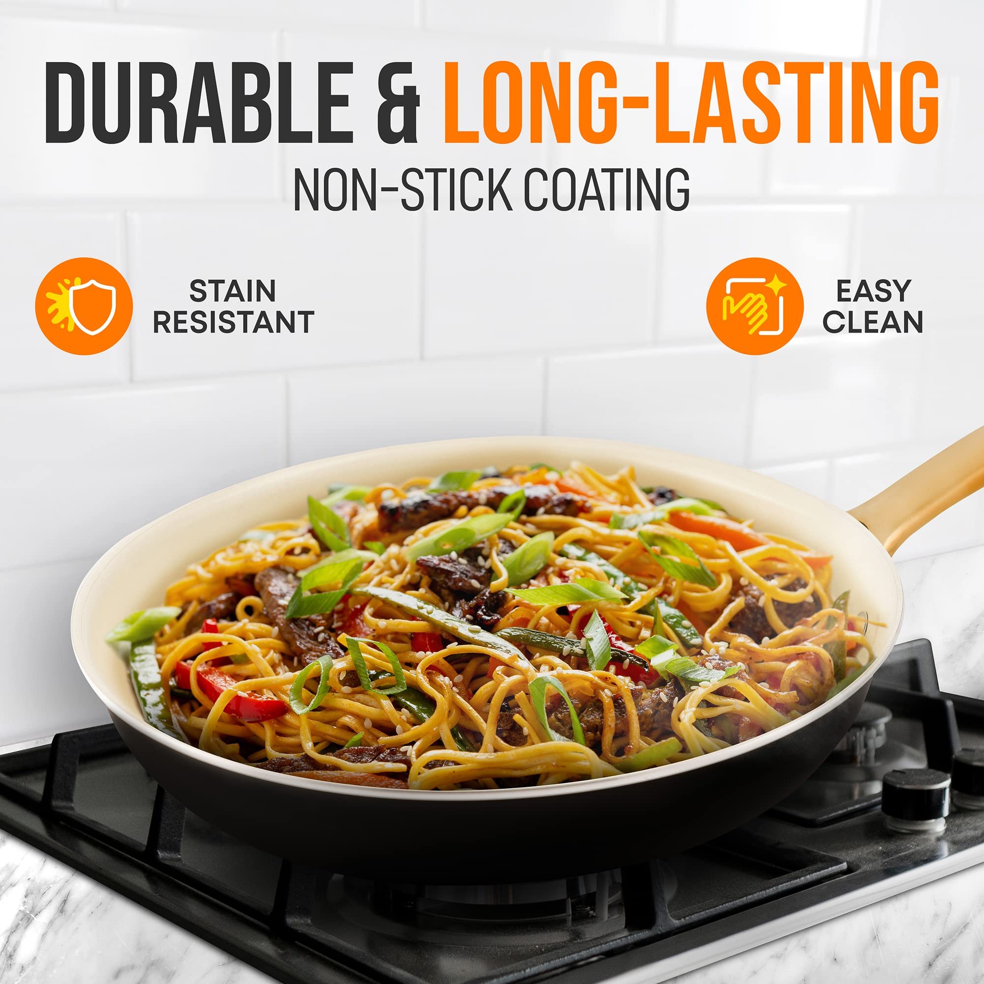 NutriChef 12" Large Ceramic Fry Pan - Non-Stick Ceramic Coated Skillet with Stylish Titanium Handle, Durable, Easy to Clean, Professional Cookware