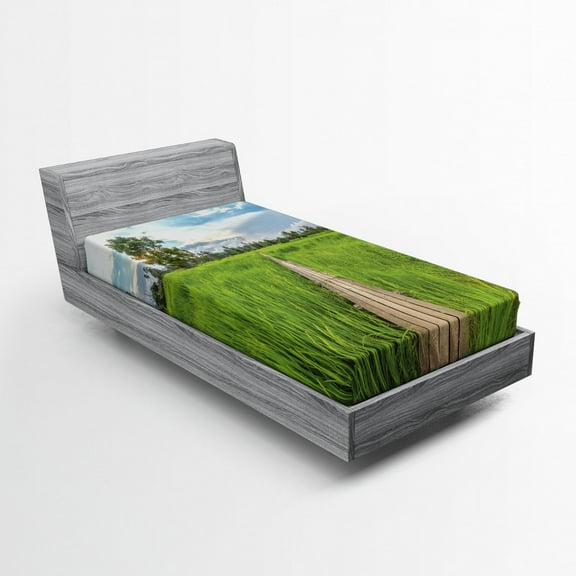 Asian Fitted Sheet, Old Wooden Bridge Between Rice Field with Sunlight at Khonburi Thailand, Soft Decorative Fabric Bedding, Twin XL Size, Green Pale Blue Tan, by Ambesonne