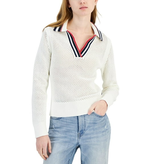 Tommy Hilfiger Womens Cotton Collared V-Neck Mesh Sweater J4AS0624 White S