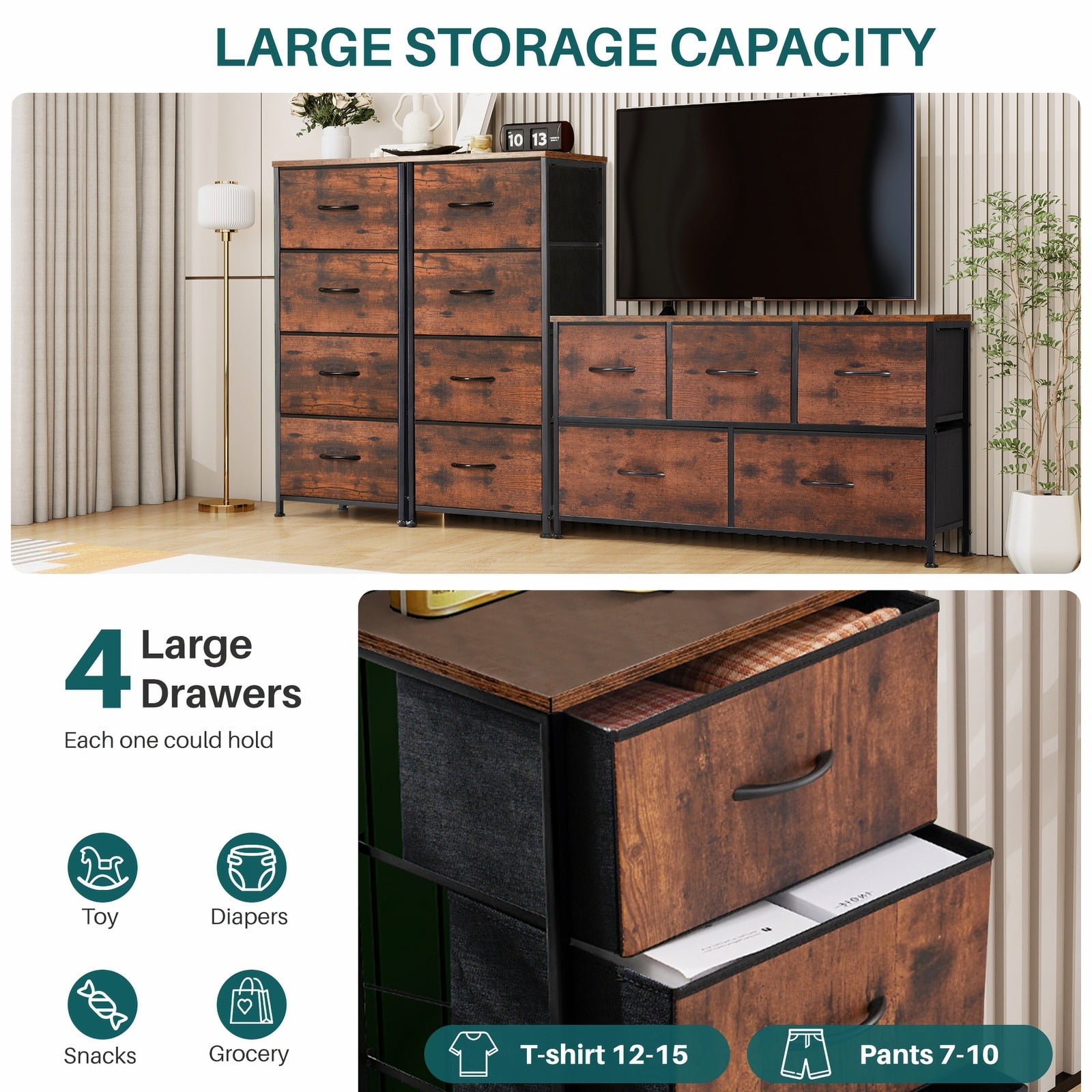 Nextay 4-Drawer Fabric Dresser for Bedroom, Storage Dresser Closet with Steel Frame & Wooden Top for Living Room, Dressing Room, Brown