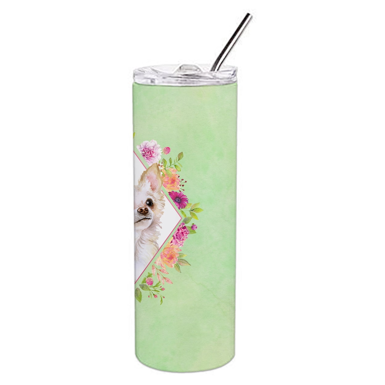 Carolines Treasures CK4287TBL20 Long Hair Chihuahua Green Flowers Stainless Steel 20 oz Skinny Tumbler 20 oz multicolor