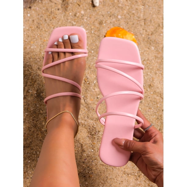 Fashionable Outdoors Black Slide Sandals for Women, Multi Thin Strap Plain Artificial Leather Open Toe Flat Sandals