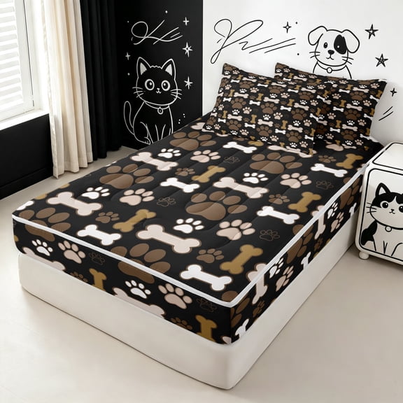 Manfei Cute Dog Paw Zipper Twin Comforter Sets with Fitted Sheet and 2 Pillowcases, Cartoon Bone Print Zipper Bedding Set, Black Brown, Black Reversible, 4pcs
