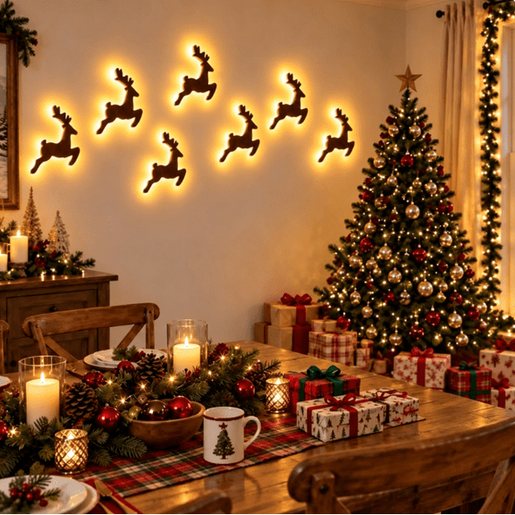 LED Reindeer Wall Decorations - Festive Christmas Lighting, 7Pcs 2D Light-Up Wooden Reindeer Christmas Decor, DIY fXmas Glow Wall Silhouette Lights, Warm Backlit Peel & Stick