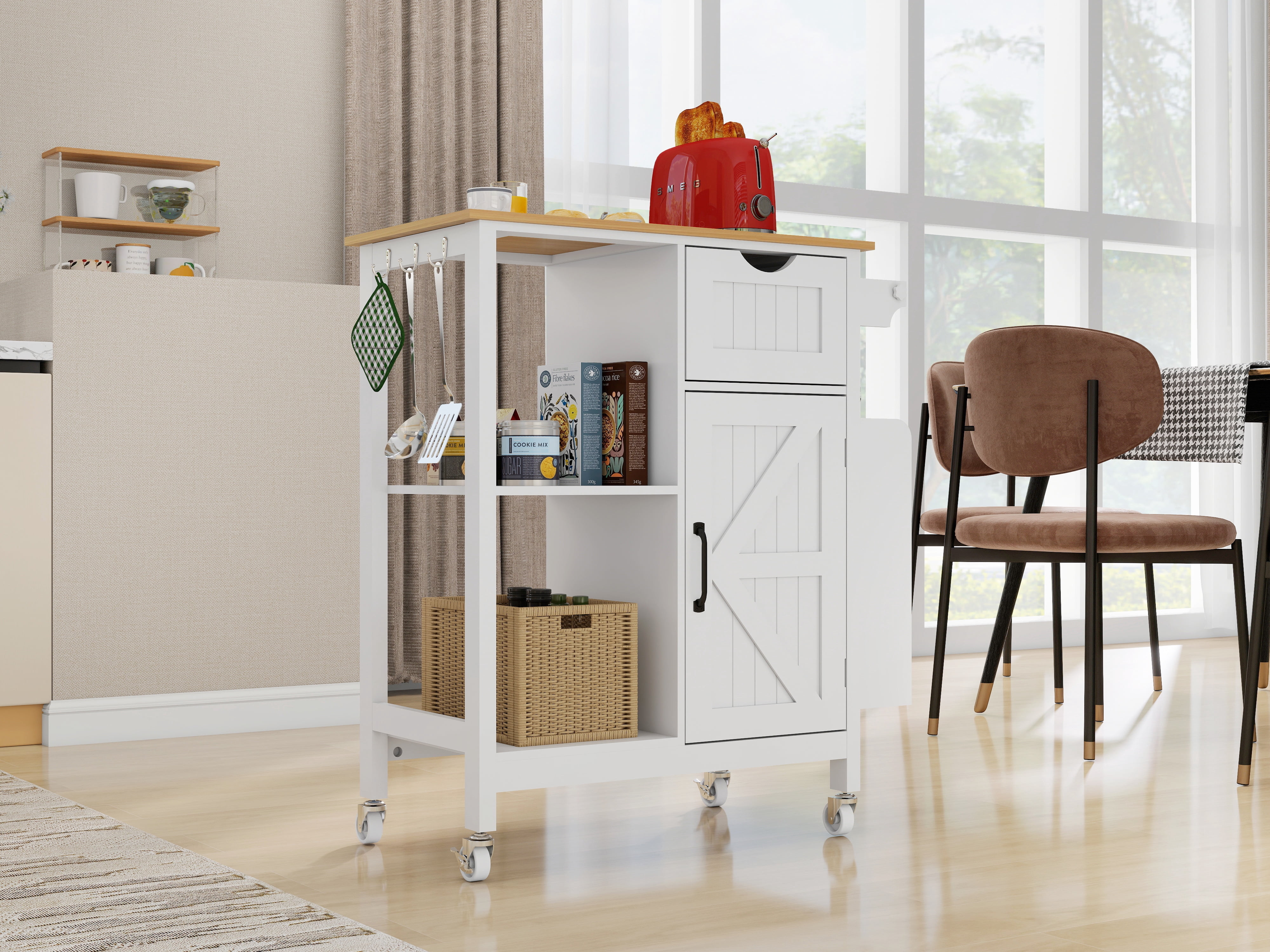 White Rolling Kitchen Island Cart with Bamboo Countertop, Lockable Wheels, Drawer, Spice & Towel Rack, Barn Door Storage Cabinet for Small Kitchen Apartment