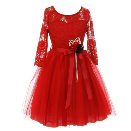 Girls Red Floral Lace Long Sleeve Mesh Overlay Flower Girl Dress