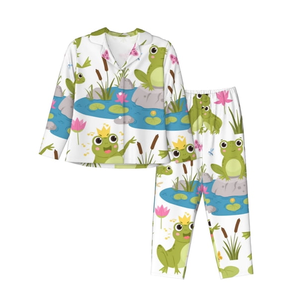 Balery Cartoon Frogs Conjunto de Pijama con Estampado para Mujer, Conjunto de Dos Piezas con Manga Larga, Ropa de Dormir Suave con Bolsillos, Pijamas Cómodos-Small