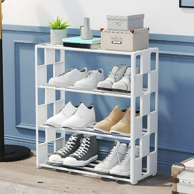 Organizador de zapatos estanterías metálicas de 4 niveles | Acero de polipropileno blanco azul | Solución de almacenamiento 19,68"x17,91"x7,28" | Montaje fácil, diseño ventilado para dormitorio