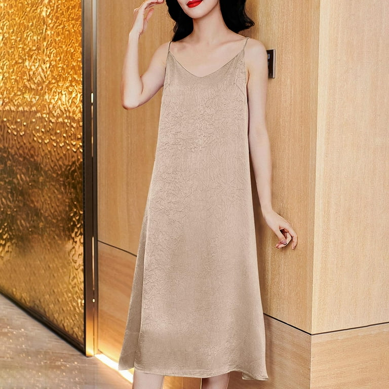 Miluxas Women's Basic Satin Silky Full Slip Midi Loose Dress with V-Neck Cami Strap Wear Nightgown Dresses Beige L(l), Size: Large