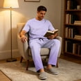 thumbnail image 4 of Dwelliawo Men Oversize Tall Pajama Set Soft Modal Crewneck Short Sleeve Sleepwear 2 Piece Loungewear Outfit T-Shirt And Long Pants With Pockets For Lounging At Home Purple S, 4 of 9