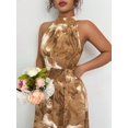 thumbnail image 5 of Khaki Watercolor Floral Print Halter Neck Smocked Waist A-Line Maxi Dress For Women, 5 of 7