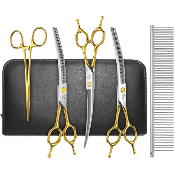Dog Grooming Scissors,Curved Thinning Shears Curved Chunkers Shears with Safety Round Tips, Sharp and Comfortable 4 in 1 Dog Scissors for Grooming