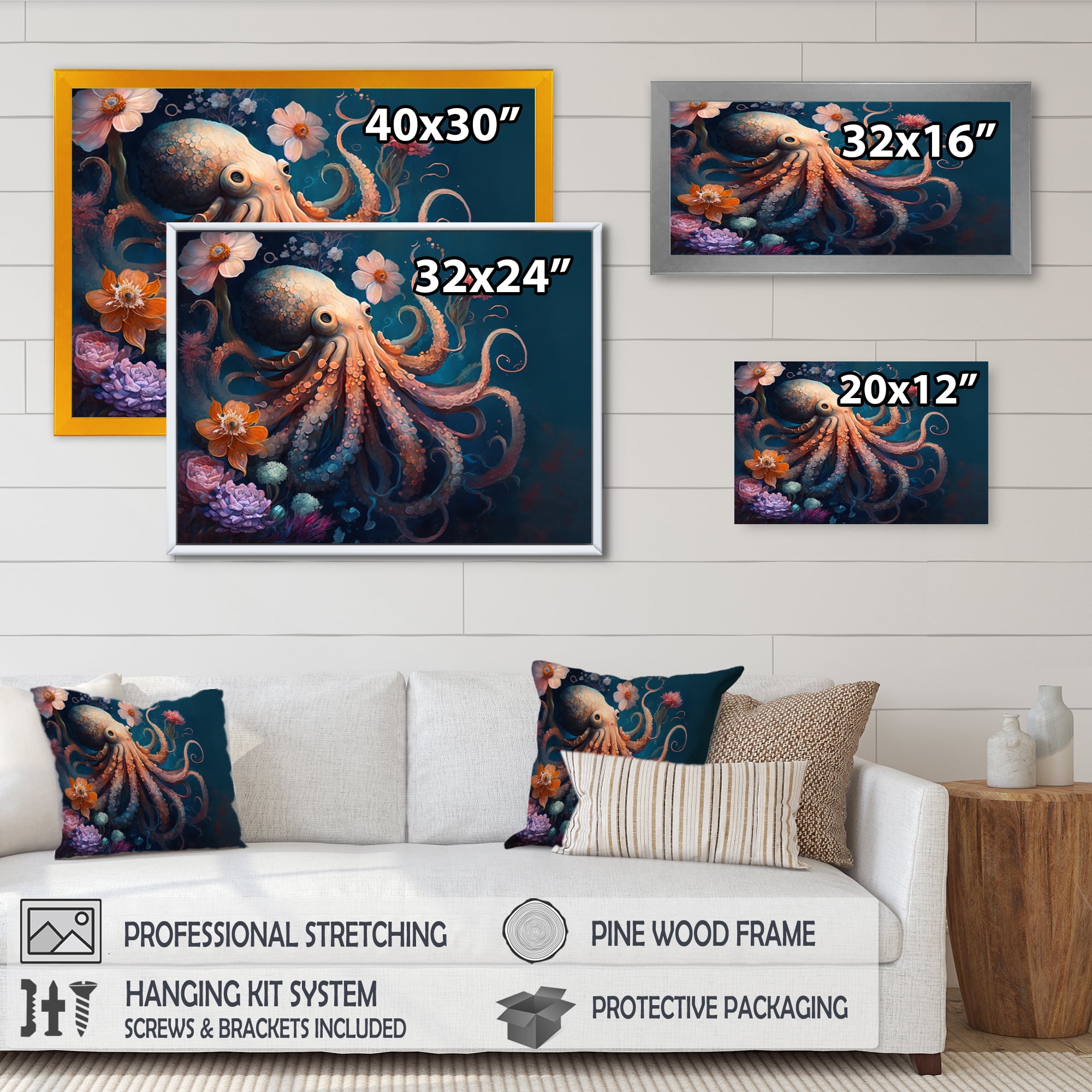 Designart Octopus In The Ocean With Flowers I Canvas Wall Art