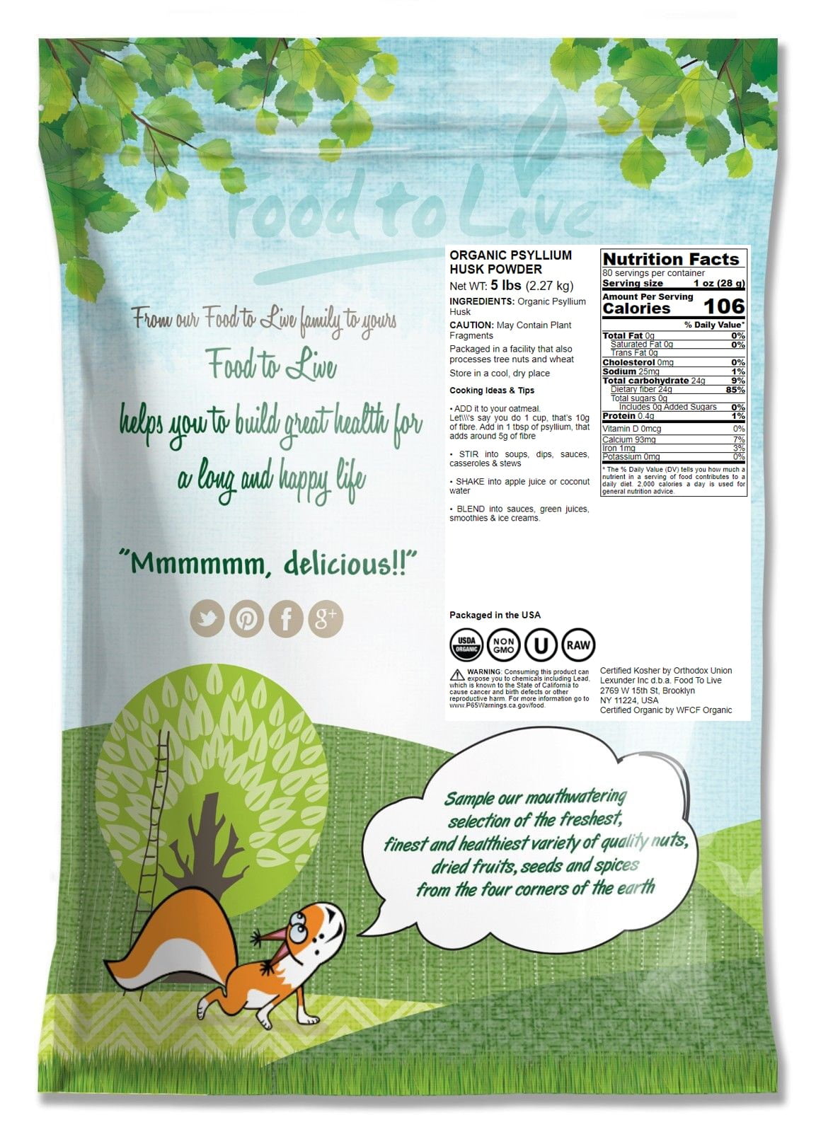 Organic Psyllium Husk Powder, 5 Pounds — Non-GMO, Kosher, Raw, Vegan — by Food to Live