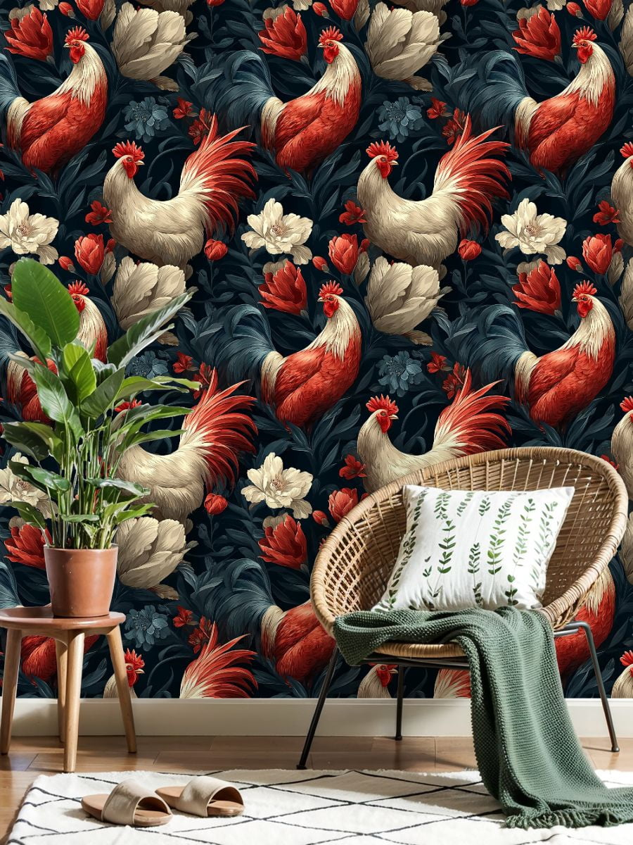 Chicken Peel and Stick Wallpaper Vintage Roosters Floral Garden Wall Mural 17.7in x 9.8ft Self Adhesive Removable Wall Paper Renter Friendly Wallpaper for Nursery Bedroom Cabinets