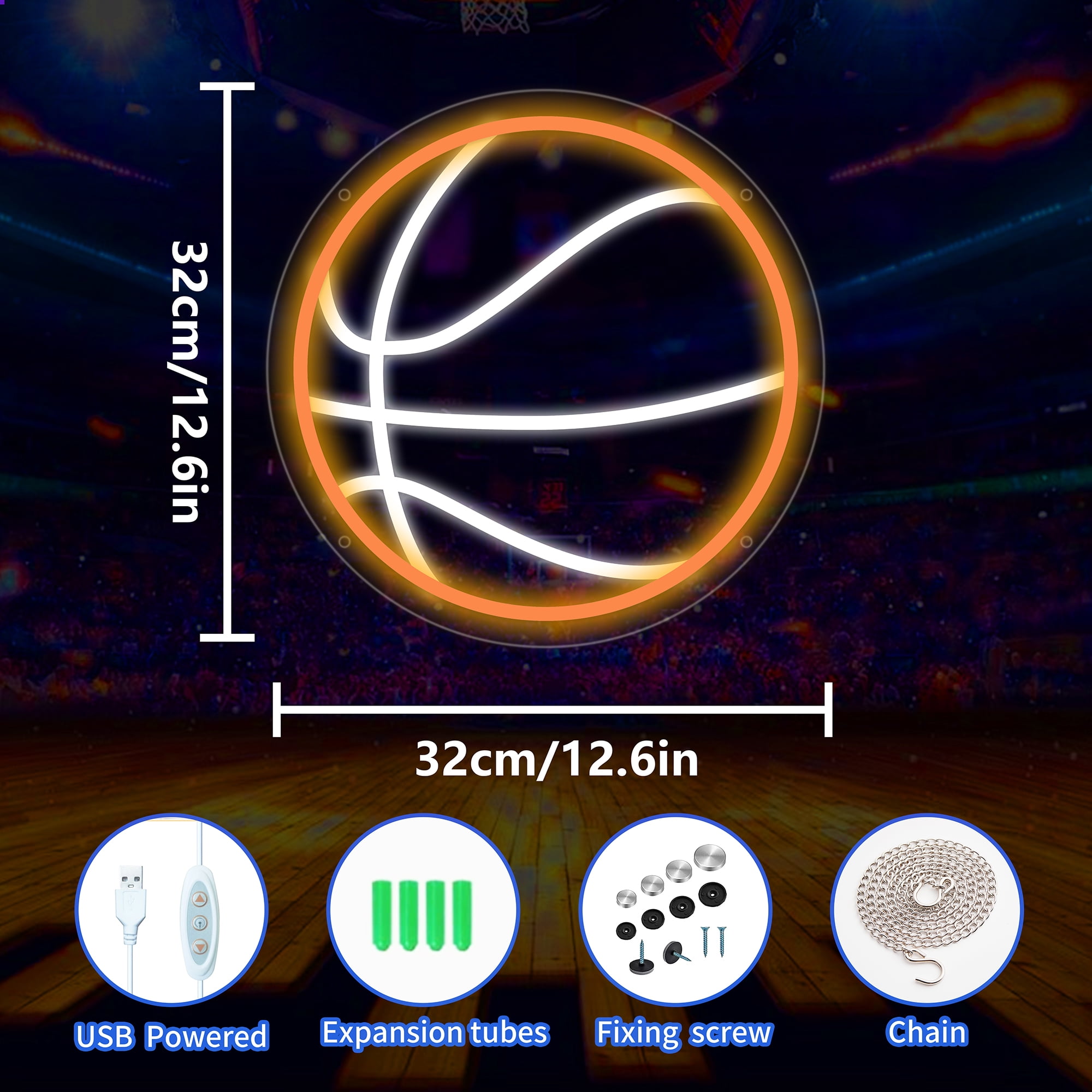 Basketball Neon Sign for Wall Decor, 12.6×12.6 Inch Basketball Led Neon Light, Sports Gift for Boys and Girls, Dimmable LED Neon Signs for Bedroom and GYM