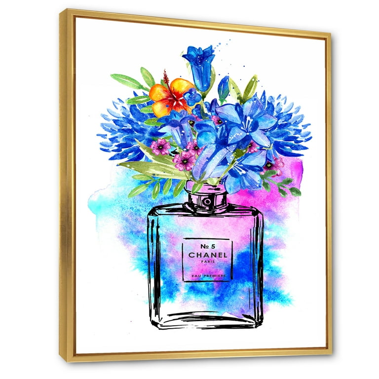Perfume Chanel Five with Blue Flowers 12 in x 20 in Framed Painting Canvas Art Print, by Designart