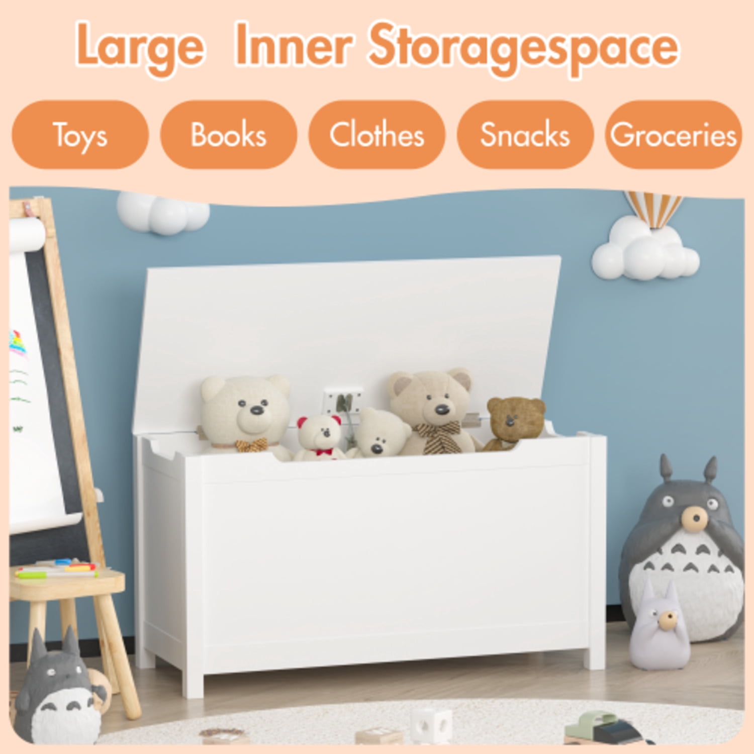 Kids Wooden Toy Box Storage with Safety Hinged Lid for Ages 2+ (Gray)