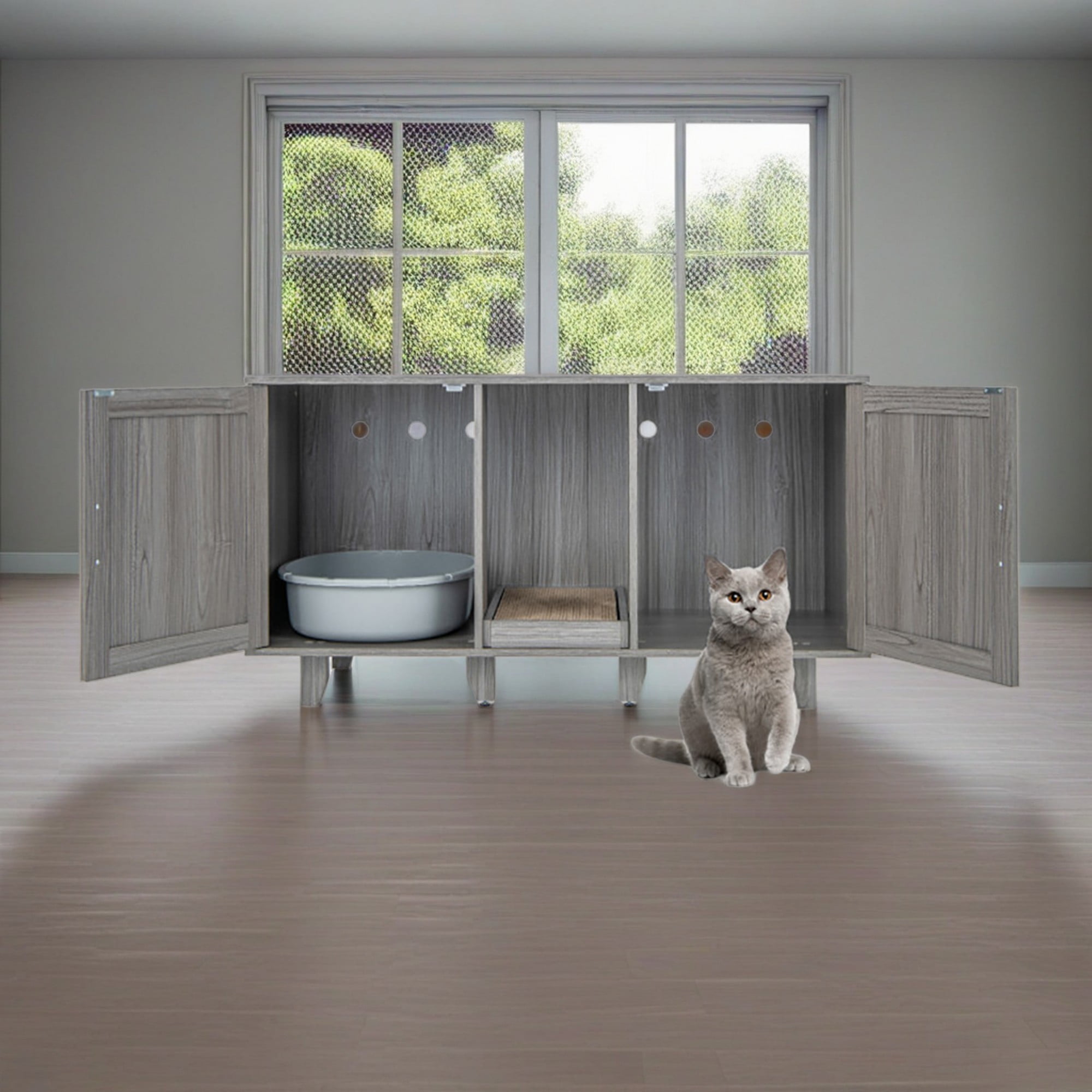 resenkos 47" 2-Door Cat Litter Box Enclosure with Winding Entry and Scratching Board, Hidden Cat House Washroom Furniture, Dark Gray