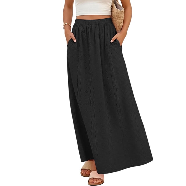 TaTaai Women's High Waist Maxi Skirt Solid Color Tie Detail Hollow Out Long Skirt Tiered Ruffle Hem Boho Summer Skirt Gift