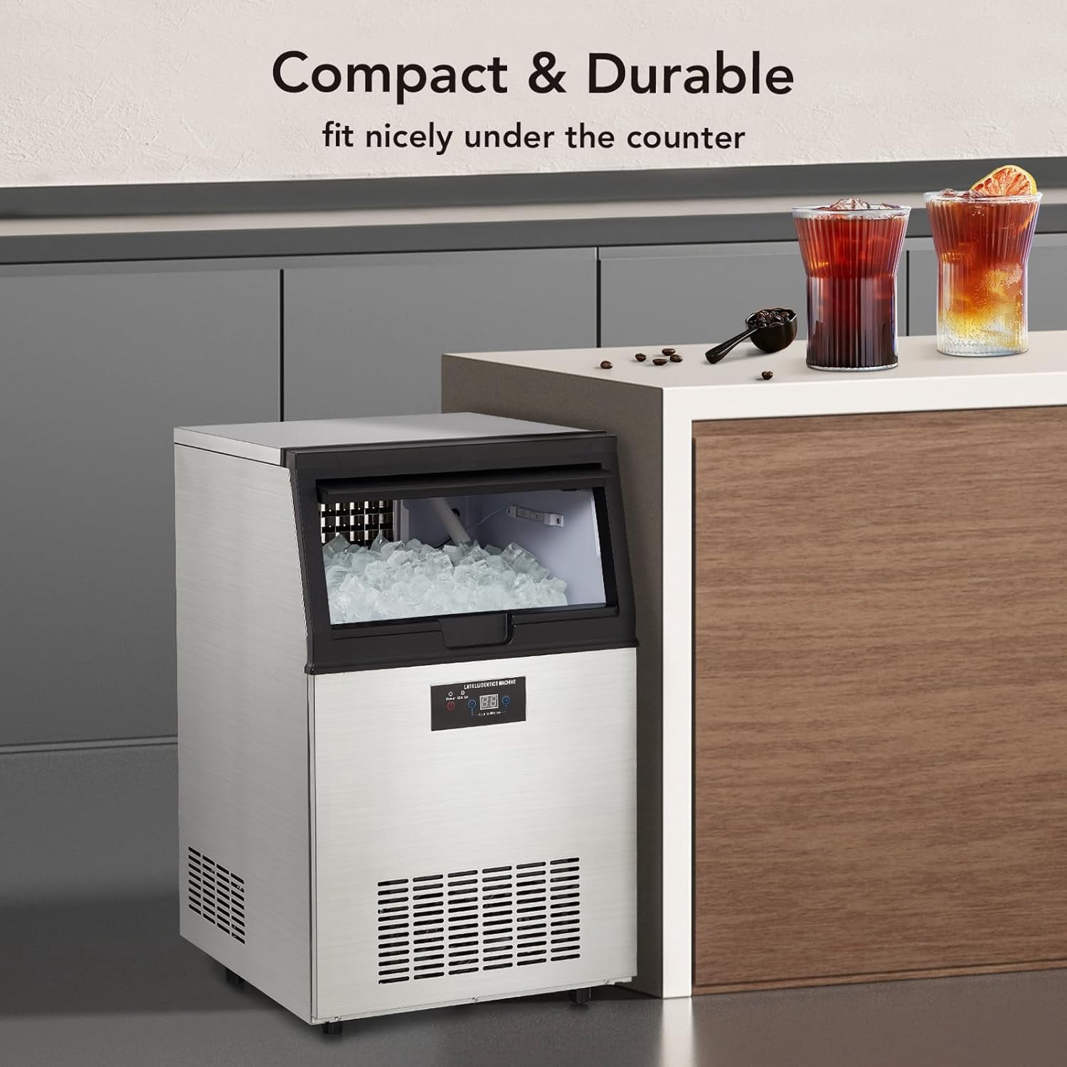 EastVita Commercial Ice Maker Machine - 90 lbs/Day - Stainless Steel Under Counter Ice Machine with 30 lbs Storage - Adjustable Ice Sizes - Freestanding Ice Maker for Restaurants/Bars/Kitchens