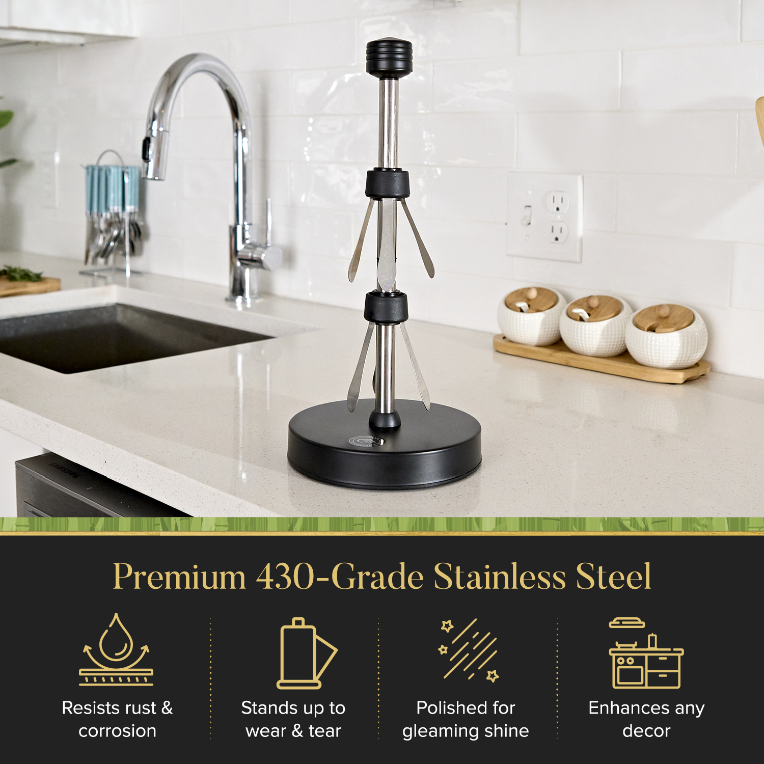 Stainless Steel Black Paper Towel Holder Designed for Easy One-Handed Operation - This Sturdy Weighted Paper Towel Dispenser Countertop Model Has Suction Cups and Holds Paper Towel Rolls of All Sizes